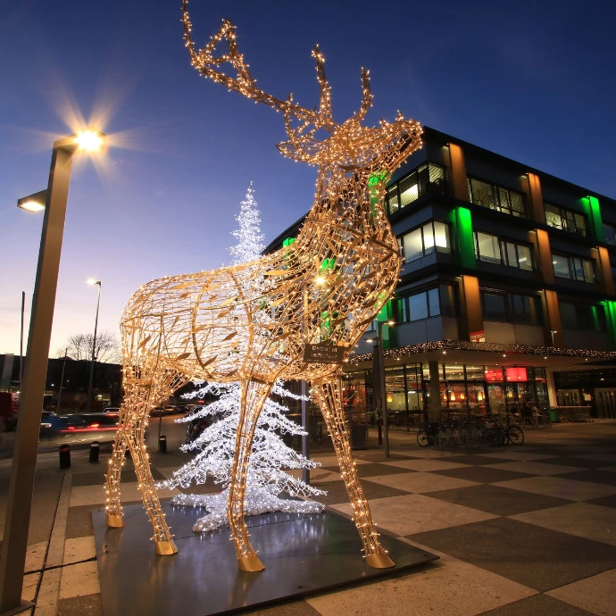 Weihnachtsbeleuchtung DEZ Innsbruck Großer beleuchteter Elch vor dem Einkaufszentrum DEZ in Innsbruck